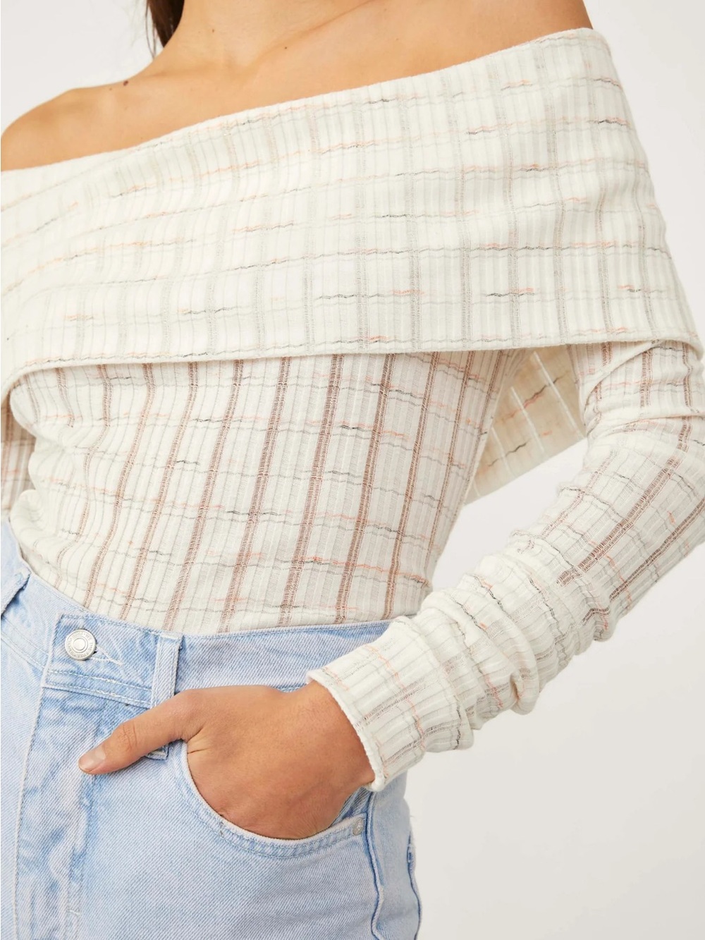 Free People Snowbunny Striped Off the Shoulder Ribbed Knit Top Boho Y2K Coquette